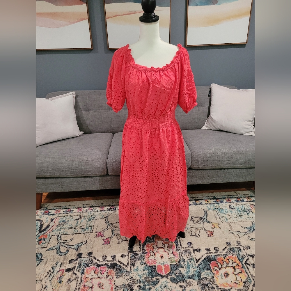 Women's Coral Eyelet Midi Dress - Smocked Waist